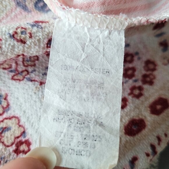 Flamingo Pink Striped Paisley Floral Print Puff Short Sleeve V-Neck Top - Picture 2 of 10